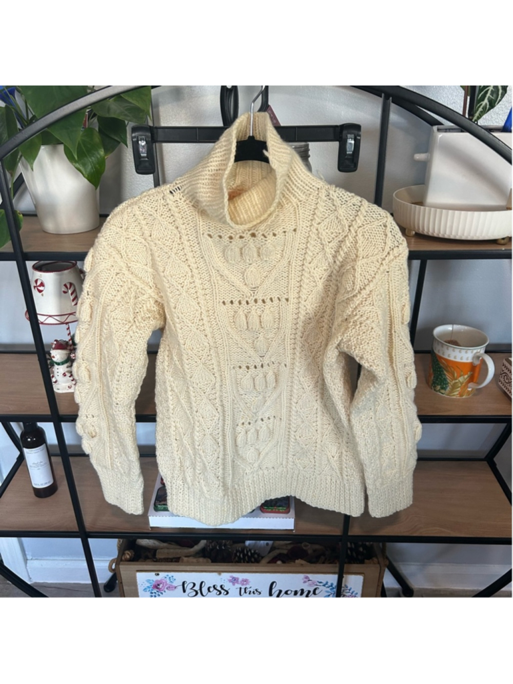 Cozy Cream Irish Knit Turtleneck Sweater XS wool